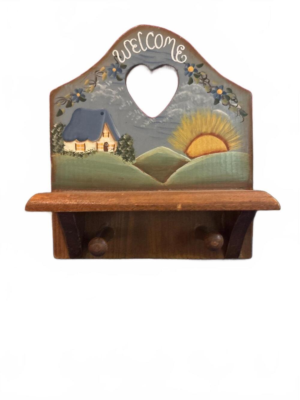 vintage handcrafted hand painted wooden country-style wall shelf with pegs